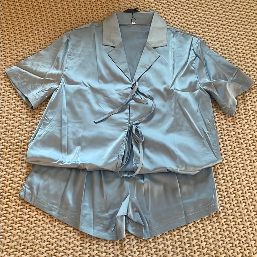 Silk Satin Pajama Set - Light Blue